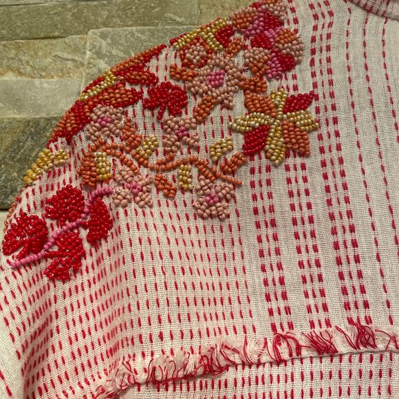 Johnny Was S Embroidered Beaded Top | Red Boho Tunic Peasant Blouse + Pockets - Picture 3 of 12